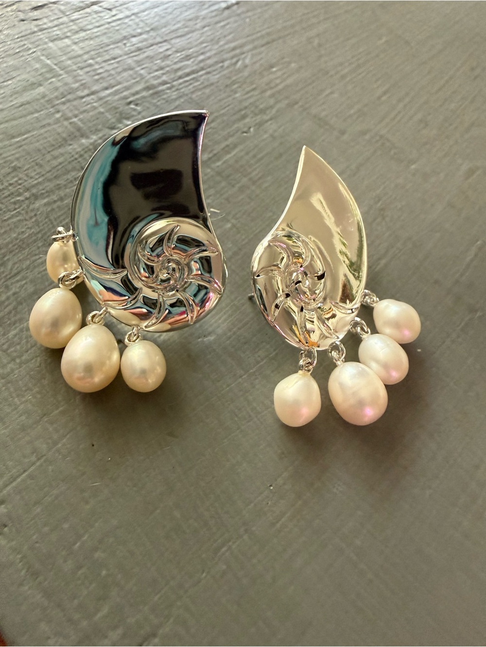 Jenny Bird Silver Nautilus Shell Pearl Drop Earrings Post or Clip on